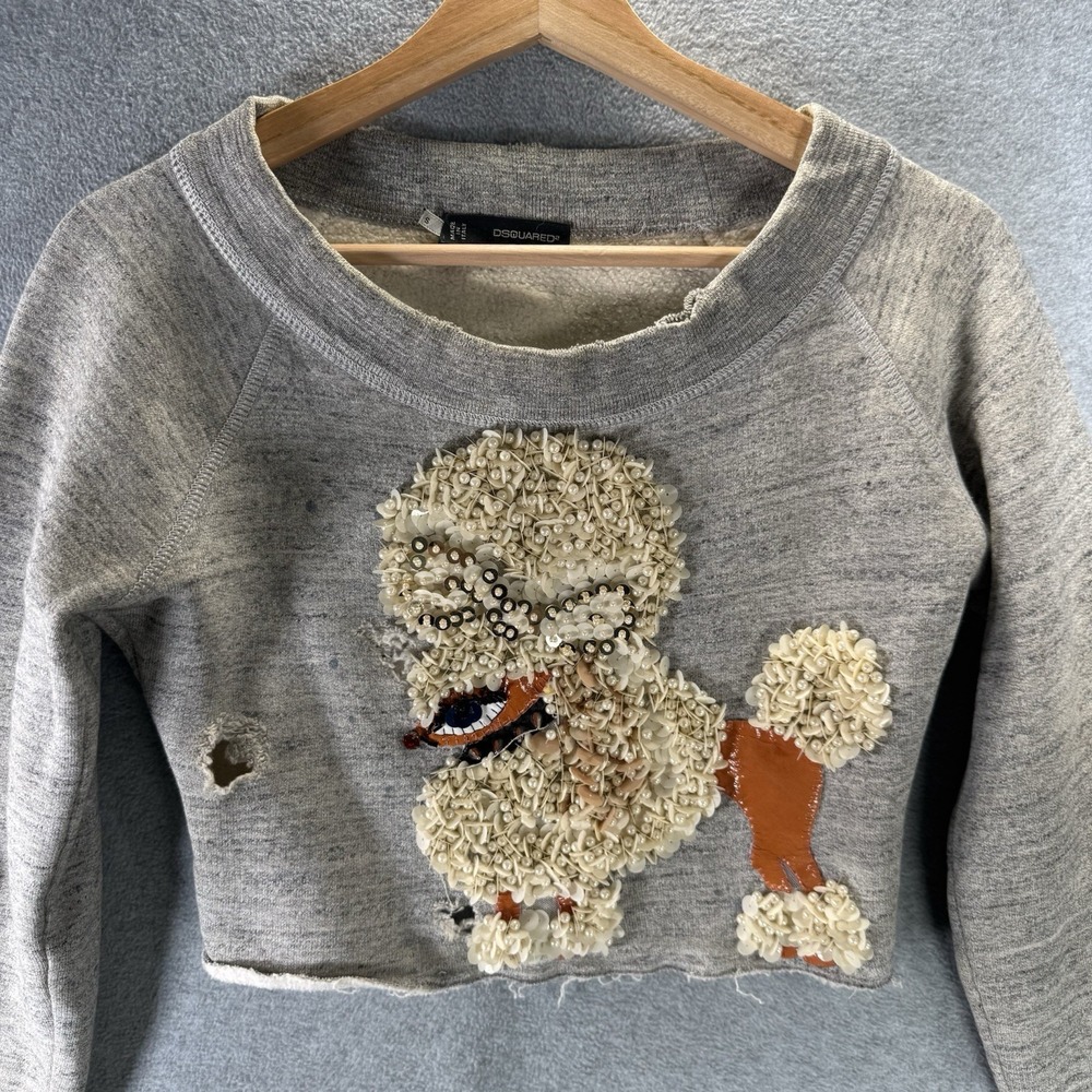 Dsquared2 Women's Distressed Cropped Sweatshirt Poodle Beaded Size Small Gray - Picture 2 of 9